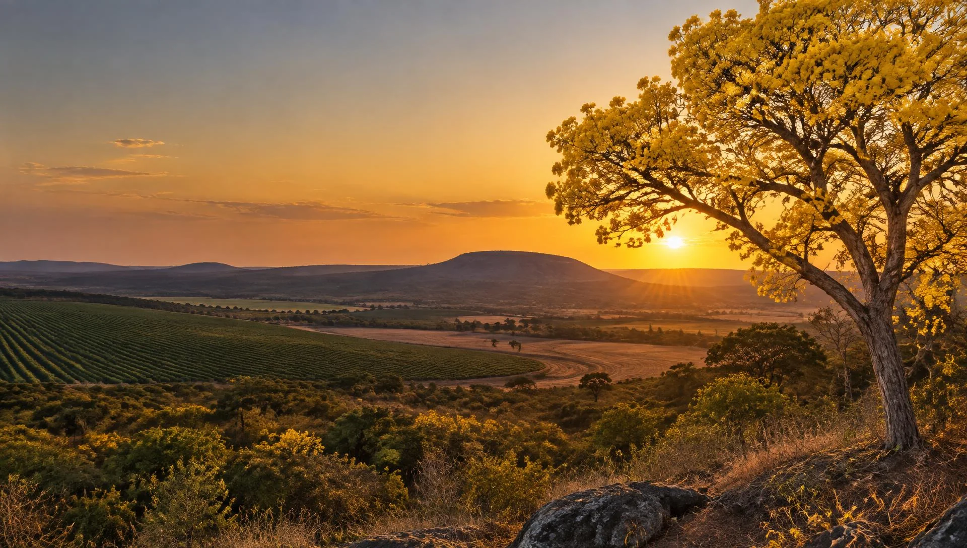 Paisagem rural baiana com plantação e ipê amarelo ao entardecer