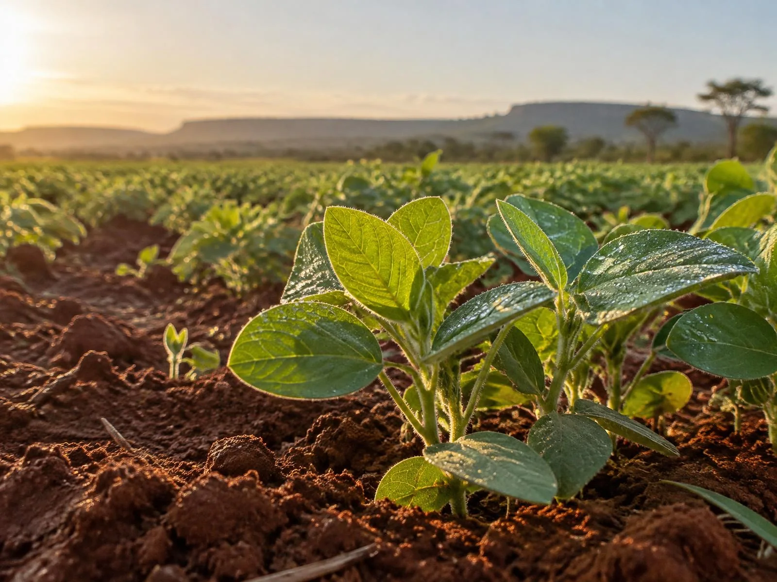 Plantas jovens cultivadas em solo fértil sob a luz da manhã